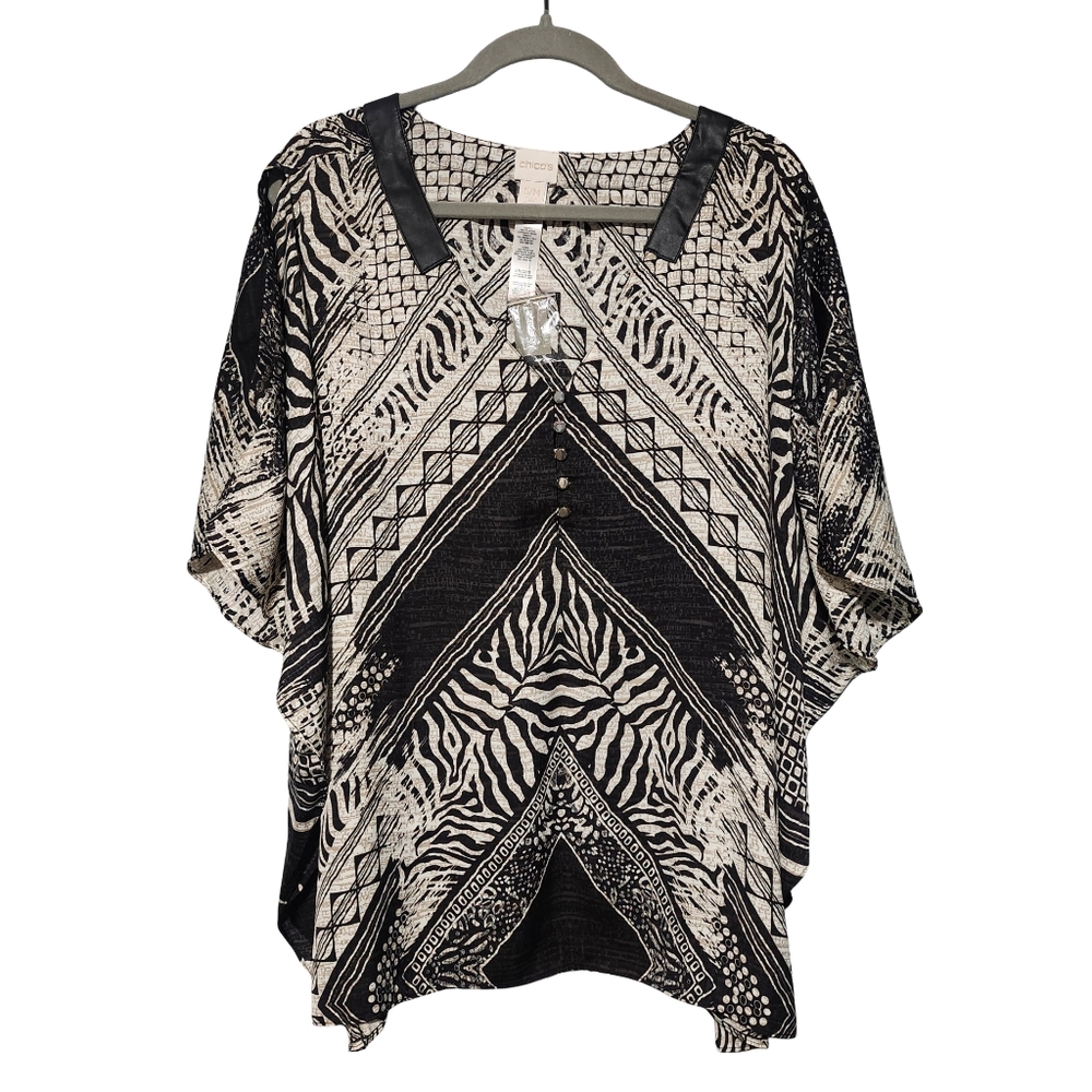 CHICOS Savvy Animal Cold Shoulder Poncho Women S/M Black Ecru Sheer Chic Zebra - Picture 2 of 14